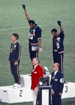 Tommie Smith, centre, and John Carlos at the Summer Olympics in Mexico.
